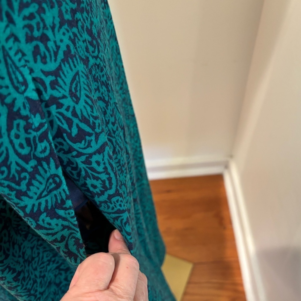 70s KNIT NAVY & GREEN PAISLEY HANDMADE COTTAGECORE SLEEVELESS V-NECK MIDI DRESS - Picture 8 of 8